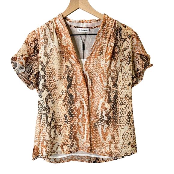 Calvin‎ Klein Womens Petites Multicolor Blouse Size PM Snakeskin Short Sleeve - Picture 1 of 11